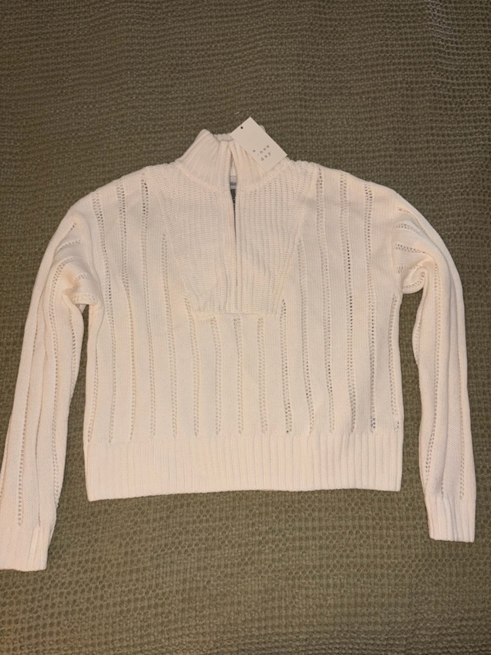 A New Day Cream Quarter-Zip Open-Knit Sweater